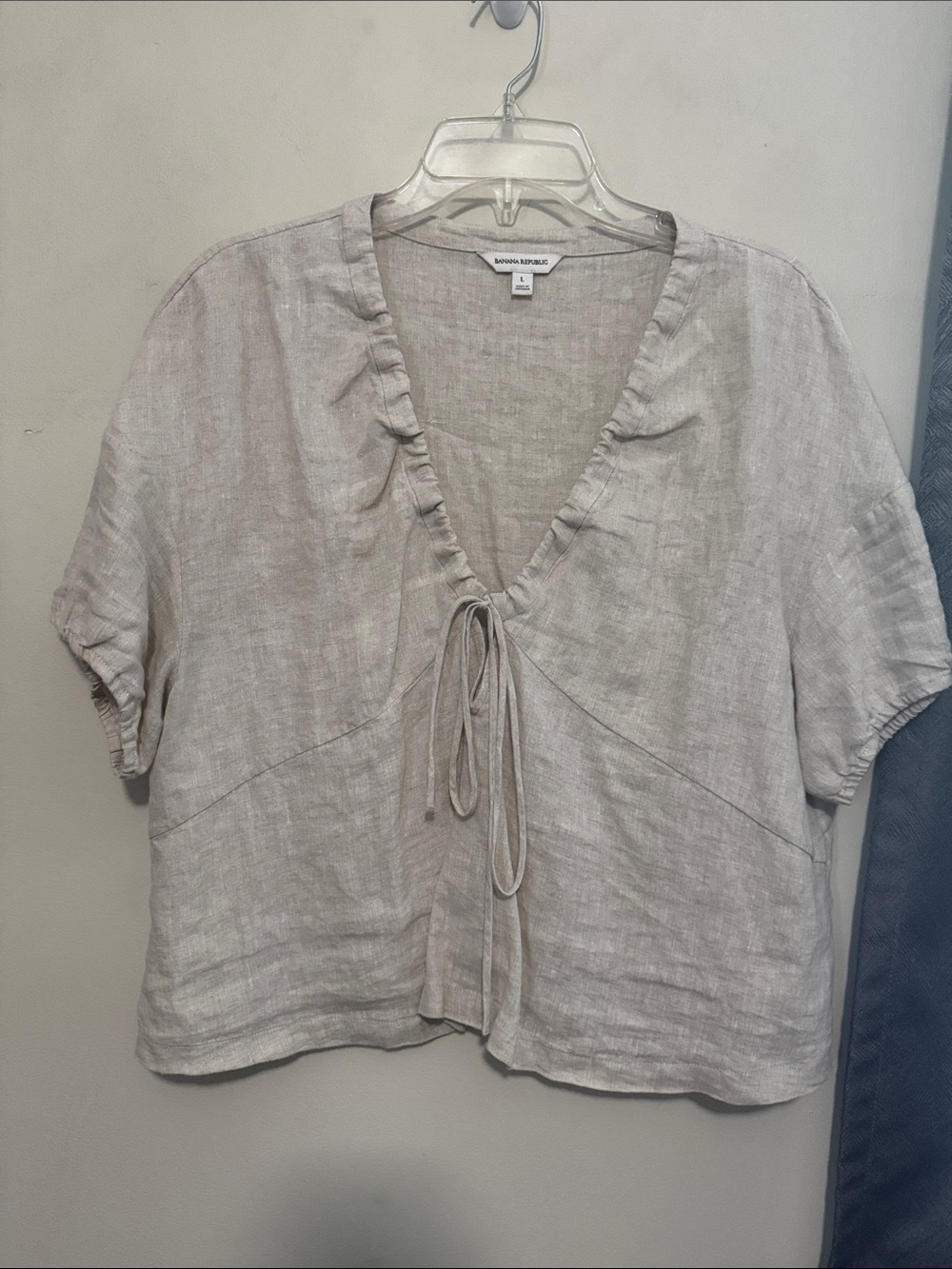 Linen Tie-Front V-Neck Blouse - Light Beige